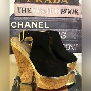 Black Genuine Suede Platform Wedge Sandals with Gold Trim SEXY & New!
